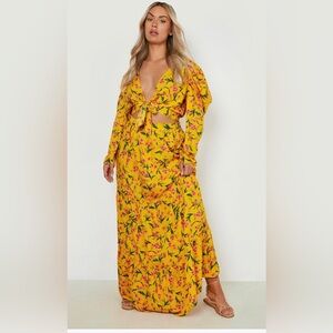 Booboo yellow Plus Floral Maxi Skirt Puff Sleeve set. Size 1X.
